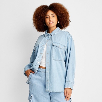 Women's Oversized Long Sleeve Collared Button-down Denim Shirt