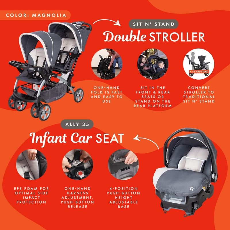 Baby Trend Sit N Stand Travel Double Baby Stroller and Car Seat Combo, 5 of 7