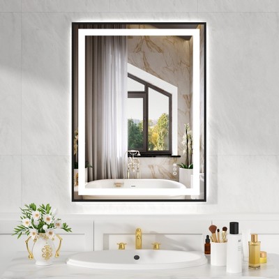 JUJABU 24''x32" Black Tempered Bathroom Mirror with Front and Back Lighting