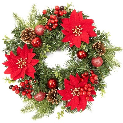 TackView 16" Christmas Wreath for Front Door, Xmas Door Wreath with Balls, Artificial Flowers, for Fireplace Wall Window Holiday Decoration