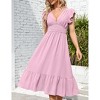 Women's Summer V Neck Short Sleeve Dress High Waist A line Dress Flowy Ruffle Shirred Swing Midi Dresses - 2 of 4