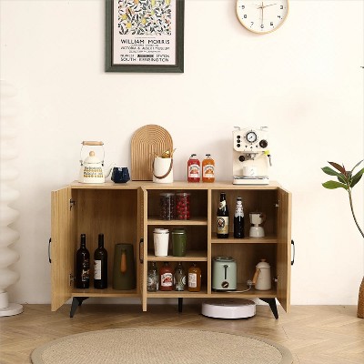 LunaLulinlk Three-Door Cabinet with Natural Rattan Mesh - Large Storage Space, Kitchen Storage Cabinet