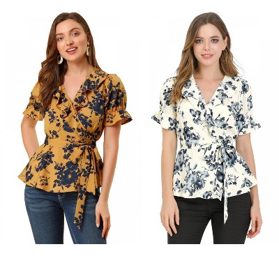INSPIRE CHIC Women's Floral V Neck Tie Waist Belted Ruffle Wrap Shirt 2 Pcs