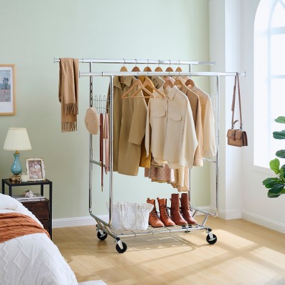 LIVAREEmlen Double Clothing Garment Rack with Shelves Capacity 800lbs Clothing Racks on Wheels Rolling Clothes Rack for Hanging Clothes