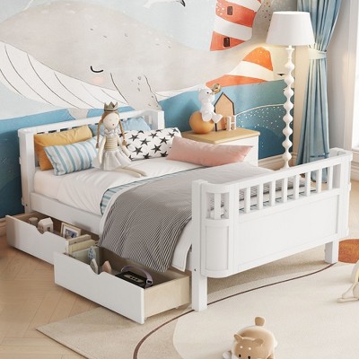 Sapphtopaz Wood Twin Size Bed Frame with Headboard & Rails for Kids Low Platform Bed with 2 Storage Drawers Bedroom Daybed for Girls and Boys
