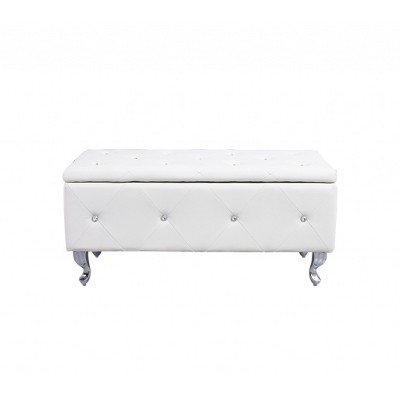 HomeRoots 38" White and Silver Faux Leather Storage Bench With Flip Top
