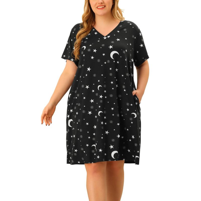 Agnes Orinda Women's Plus Size Comfort Pattern V Neck Short Sleeve Nightgowns, 1 of 7