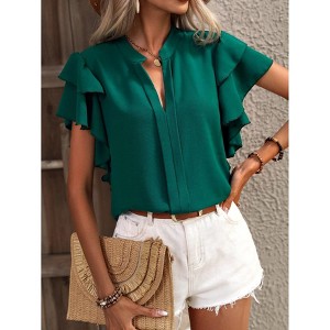 Womens Flowy Tunic Tops with Flutter Sleeve V Neck Tops Front Seam Short Sleeve Blouse Summer Casual Tops - 1 of 4