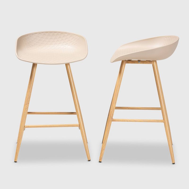 Set of 2 Mairi Plastic and Wood Counter Height Barstools Beige/Natural - Baxton Studio, 4 of 9