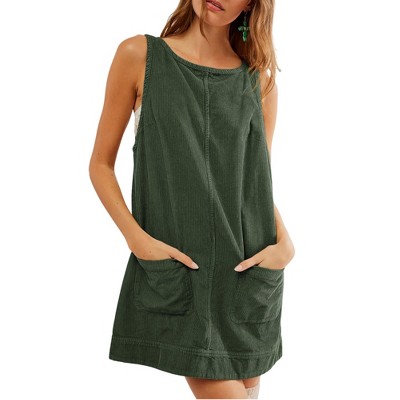 Women's Overall Dress Summer Casual Overall Corduroy Shift Dress U Back A Line Jumper Dress Tank Mini Dress with Pockets