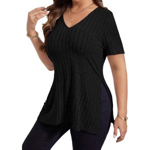 Womens Plus Size Tops Casual V Neck Short Sleeve Shirts Split Hem Blouses - 1 of 4