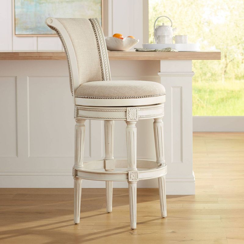 55 Downing Street Oliver Wood Swivel Bar Stool White 30 1/2" High Traditional Scroll Cream Cushion with Backrest Footrest for Kitchen Counter Height, 2 of 10
