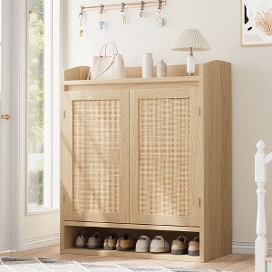 Rattan Shoe Cabinet with 2 Doors, 5-Tier Shoe Storage Cabinet with Adjustable Shelves, Wooden Shoe Storage Organizer for Entryway, Hallway, Black - 1 of 4