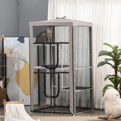 Tall Gray Metal Outdoor Cat Enclosure with Platforms