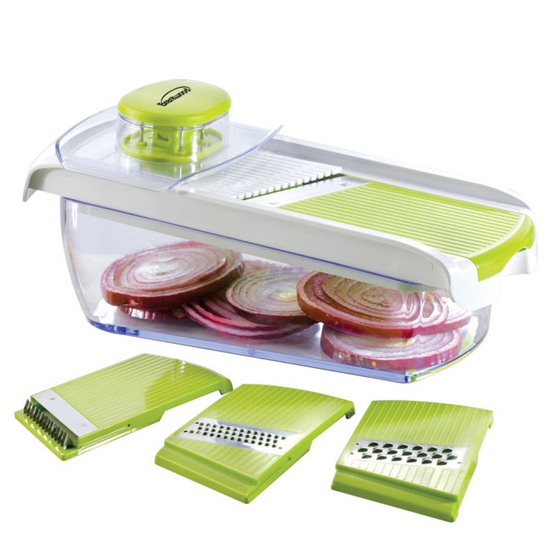 Brentwood Mandollin Slicer with 5 Cup Storage Container and 4 Interchangeable Stainless Steel Blades in Green, 1 of 7