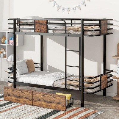 Streamdale Twin XL over Twin XL Metal Bunk Bed with MDF Board Guardrail and Two Storage Drawers,Black