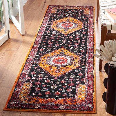 Vintage Hamadan Black and Orange Runner Rug