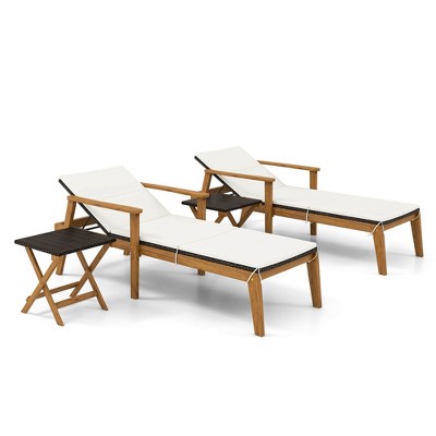 Tangkula 4 Piece Outdoor Chaise Lounge Chair Set Rattan with Armrests & 4-Level Backrest Folding Coffee Table & Cushioned Acacia Wood Lounge Chair Set