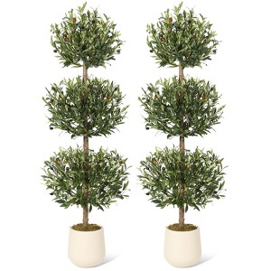 5FT Faux Artificial Olive Topiary Ball Plant in White Pot - Fake Plants for Indoor Display or Front Porch Decorations, 2Pcs - 1 of 4