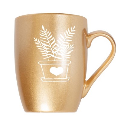 Elanze Designs Botanical Foliage Nature Coffee Cup Mug 10 Ounce Ceramic With Shimmery Metallic Finish Elegant Minimalist Fern in Heart Planter