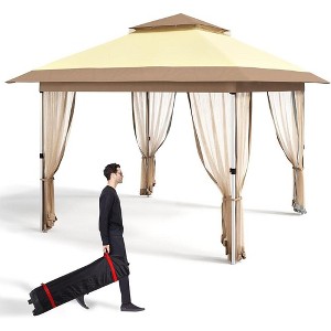 Outdoor Folding Gazebo, Mobile Tent with Mosquito Net, Assembled Pop Up Tent, for Outdoor Camping Barbecue Yard Party, 12 FT x 12 FT, Beige - 1 of 4