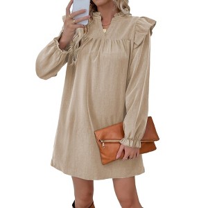 Women's Long Sleeve Loose Stand Collar Ruffle Trim Shift Dress, Casual Flowy Dress for Daily & Weekend Wear - 1 of 4
