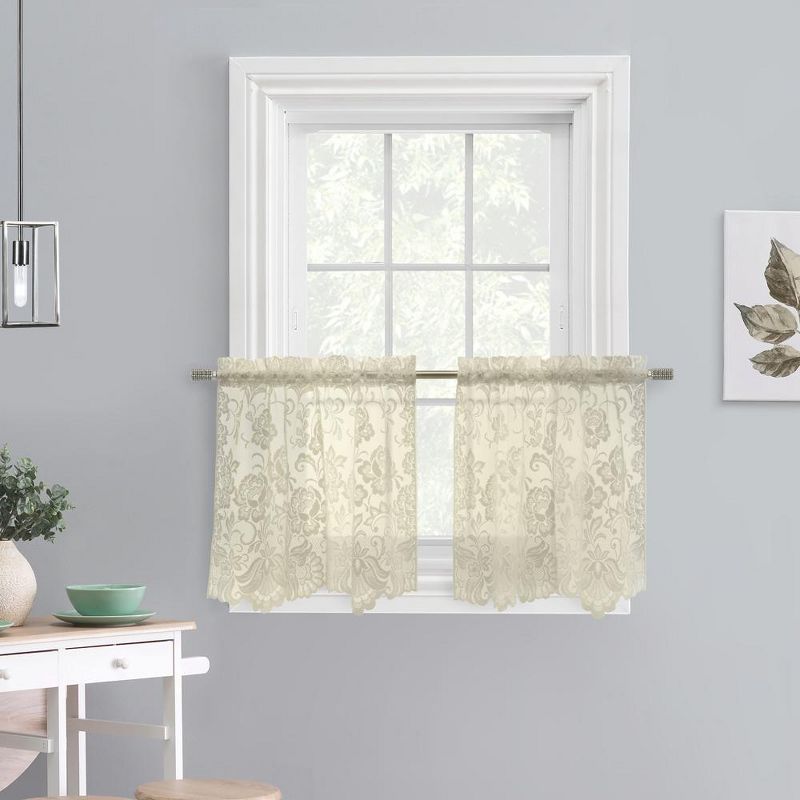 Habitat Limoges Sheer Rod Pocket Curtain Tiers for Any Room Floral Lace Design Pair Ivory, 1 of 8