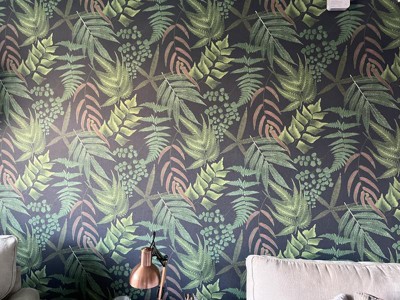 Midsummer Fern Navy Blue And Green Tropical Leaves Paste The Wall