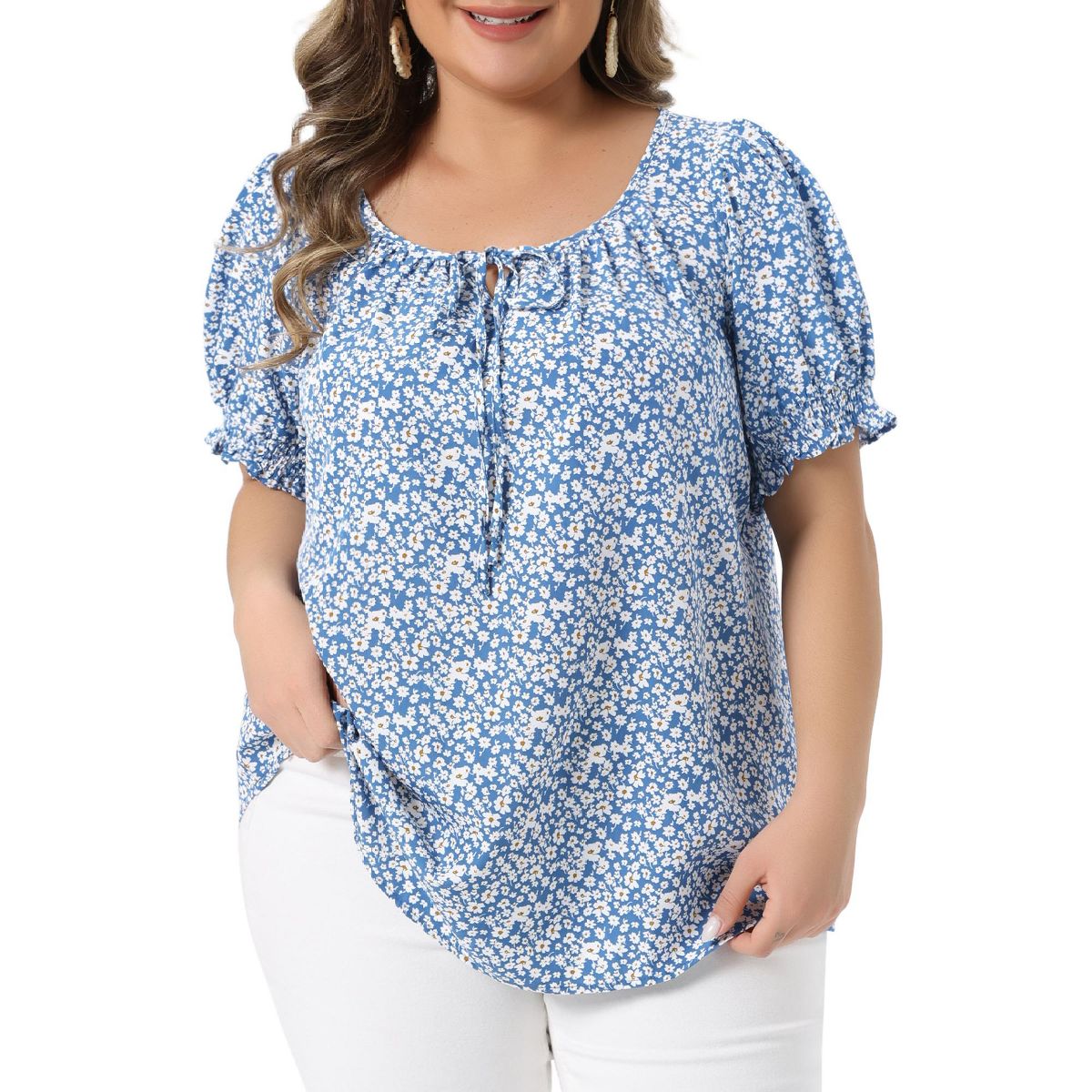 Women's Plus Size Floral Tie Front Scoop Neck Short Sleeve Summer Casual Blouses - Agnes Orinda