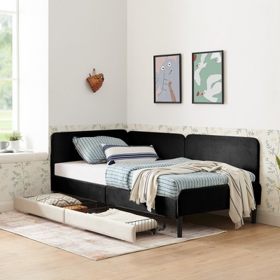 Vynxaria Twin Size Upholstered Platform Bed Frame with 2 Storage Drawers, Adjustable Velvet Sofa Bed, Black