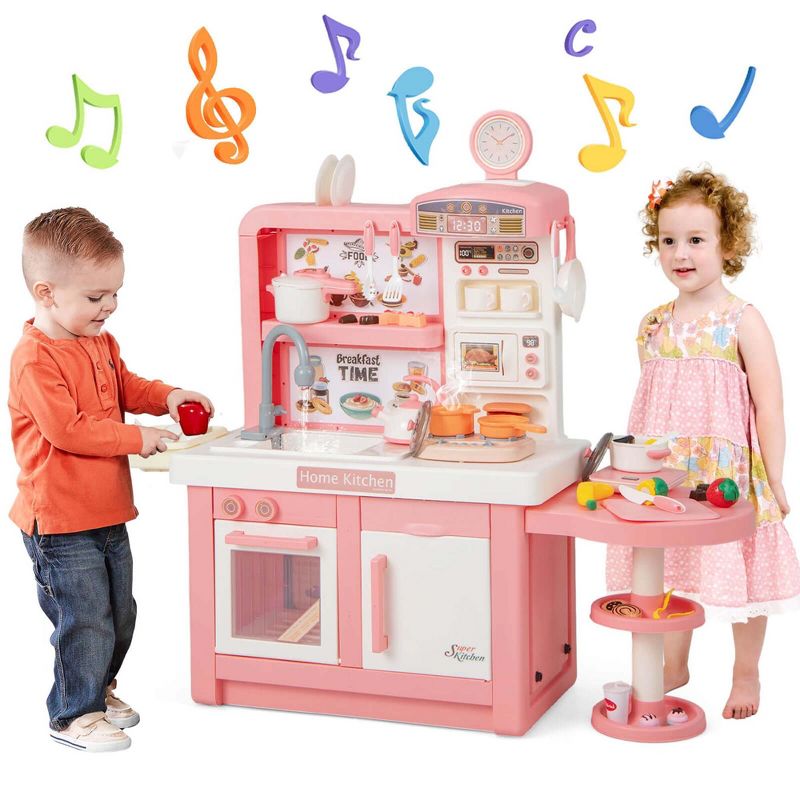 Costway Kids Pretend Kitchen Playset Role Play Kitchen Play Toy with Sink Oven Microwave Pink/Grey, 1 of 11