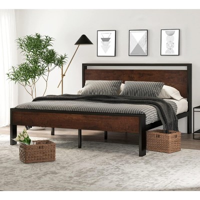 King Size Metal Platform Bed Frame with Wooden Headboard and Footboard, Mattress Foundation, No Box Spring Needed