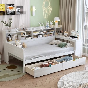 KIGFTSOD Wooden Daybed with Storage Shelves, Multi-functional Bed with Two Storage Drawers and Study Desk - 1 of 4
