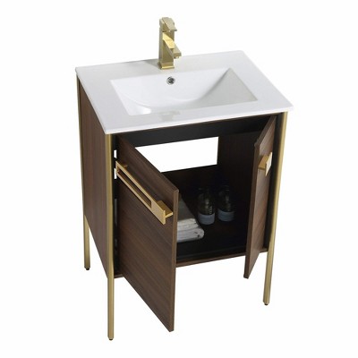 24" Walnut Ebony Bathroom Vanity with White Ceramic Sink