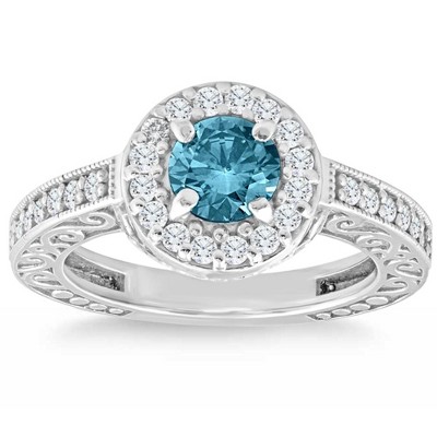 Pompeii3 1ct Blue & White Diamond Halo Vintage Engagement Ring Lab ...