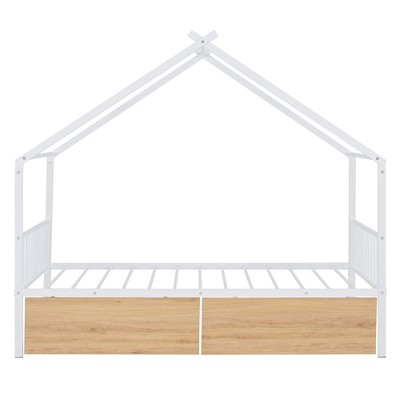 TiramisuBest Twin Size Metal House Bed with Two Drawers - White Metal Design