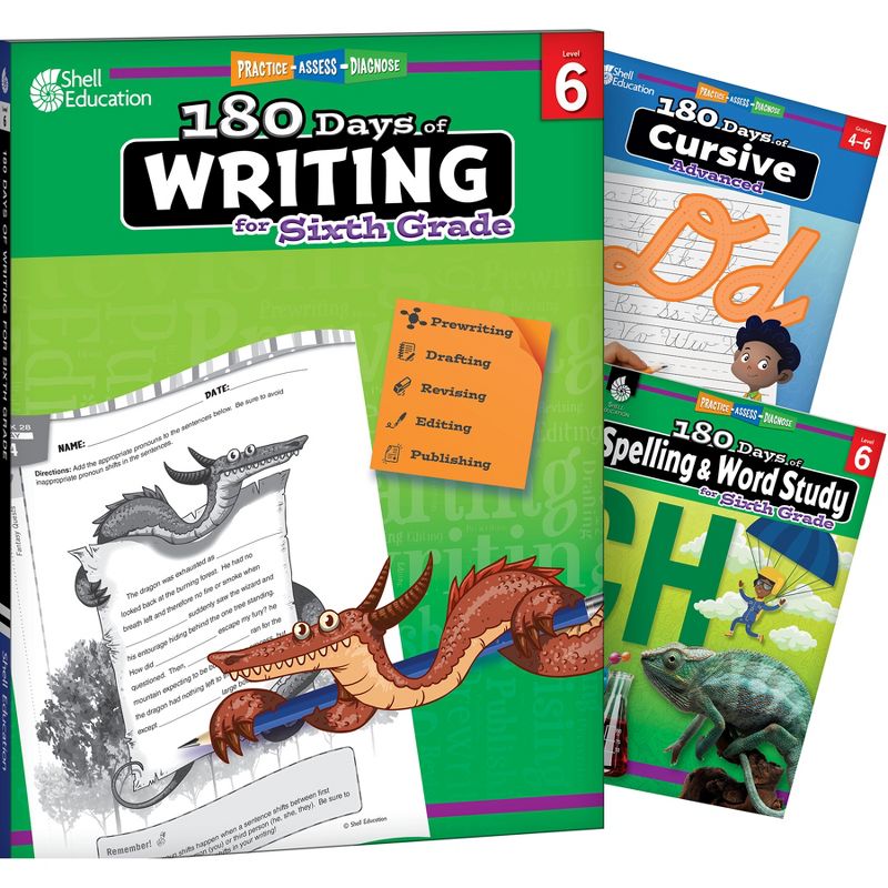 Shell Education 180 Days Writing, Spelling, & Cursive Grade 6: 3-Book Set, 1 of 3