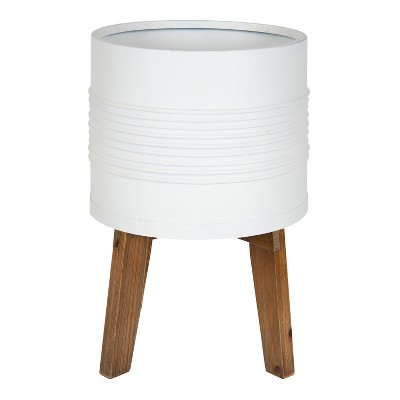 White Metal Planter with Natural Wood Stand, 11.25" Diameter