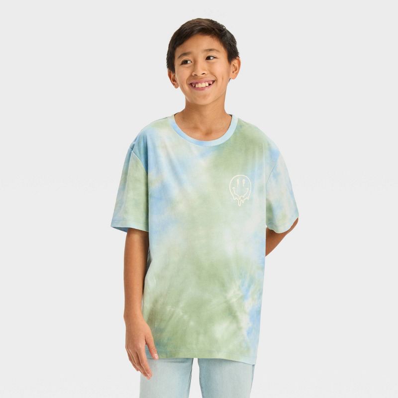 Boys' Short Sleeve Tie-Dye Graphic T-Shirt with Puff Printed Smiley - art class™ Blue, 1 of 5