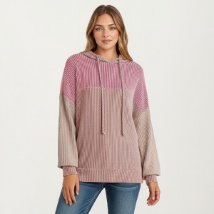 Anna-Kaci Women's Long Sleeve Color Block Knit Hoodie with Drawstring and Relaxed Fit - 1 of 4