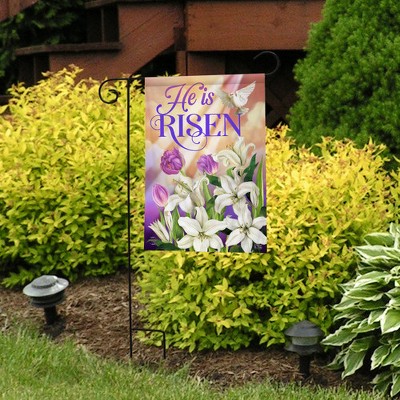 He Is Risen Easter Garden Flag with Lilies and Dove