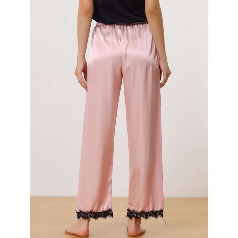 cheibear Women's Satin Elastic Wide-leg Lace Trim Loungewear Long Sleep Pants, 3 of 6
