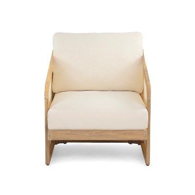 Teak Finish Acacia Wood Patio Lounge Chair with Beige Cushions