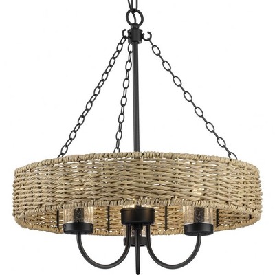Progress Lighting Pembroke 3-Light Outdoor Chandelier, Matte Black, Rattan and Seeded Glass Shade