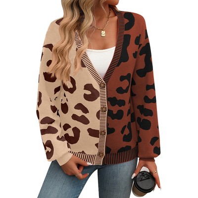 Women's Leopard Print Cardigan V Neck Long Sleeve Color Block Button Down Oversized Sweater Outwear