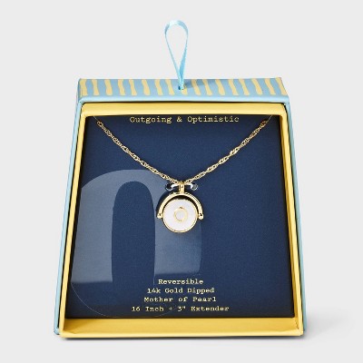 14K Gold Dipped Crystal and Mother of Pearl Circle Spinner Initial Necklace - A New Day™