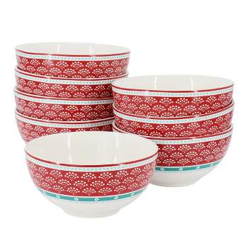 Gibson Home Village Vines Floral 8 Piece 6 Inch Fine Ceramic Bowl Set in White and Multi Red