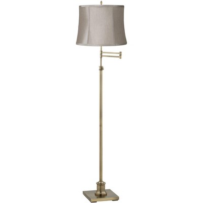 360 Lighting Swing Arm Floor Lamp Adjustable Height Antique Brass Taupe Gray Fabric Drum Shade for Living Room Reading Bedroom