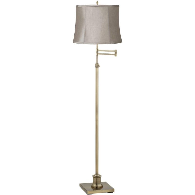 360 Lighting Swing Arm Floor Lamp Adjustable Height 70" Tall Antique Brass Taupe Gray Fabric Drum Shade for Living Room Reading Bedroom, 1 of 5