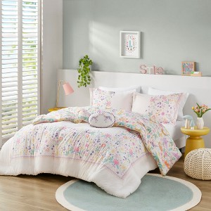 3 PCS Twin Floral Reversible Cotton Comforter Set with Throw Pillow Purple - 1 of 1